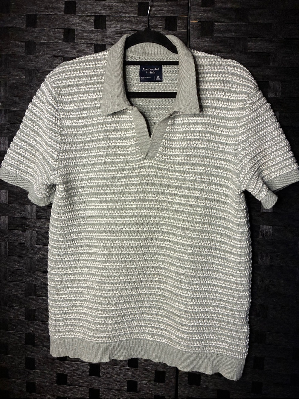 Abercrombie & Fitch Men's Cream Knit Polo with Textured Stripe